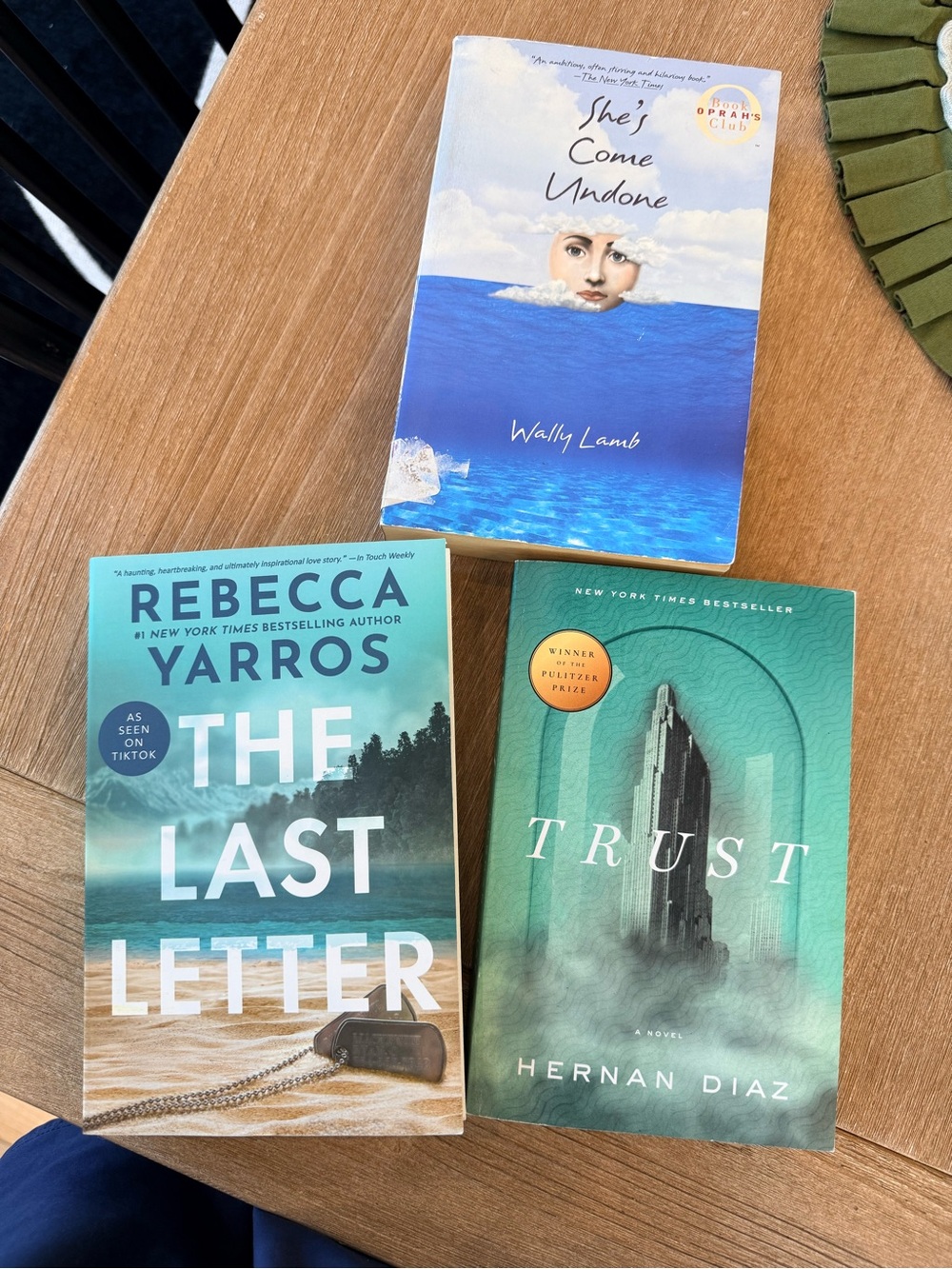 3 books Rebecca Yarros, Hernan Diaz, Wally Lamb